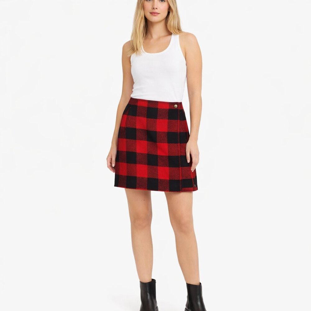 Woolrich Red Buffalo Check Wool Blend Straight Pencil Wrap Skirt Size 6 Pockets